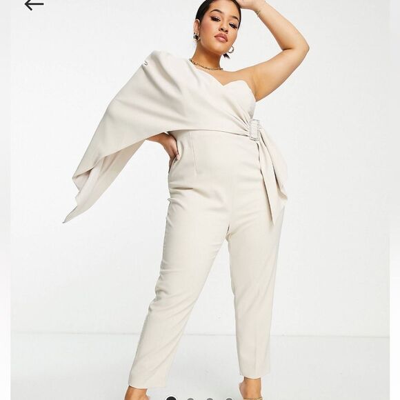 Lavish Alice Pants - Lavish Alice Plus one shoulder cape detail jumpsuit with belt in champagne
